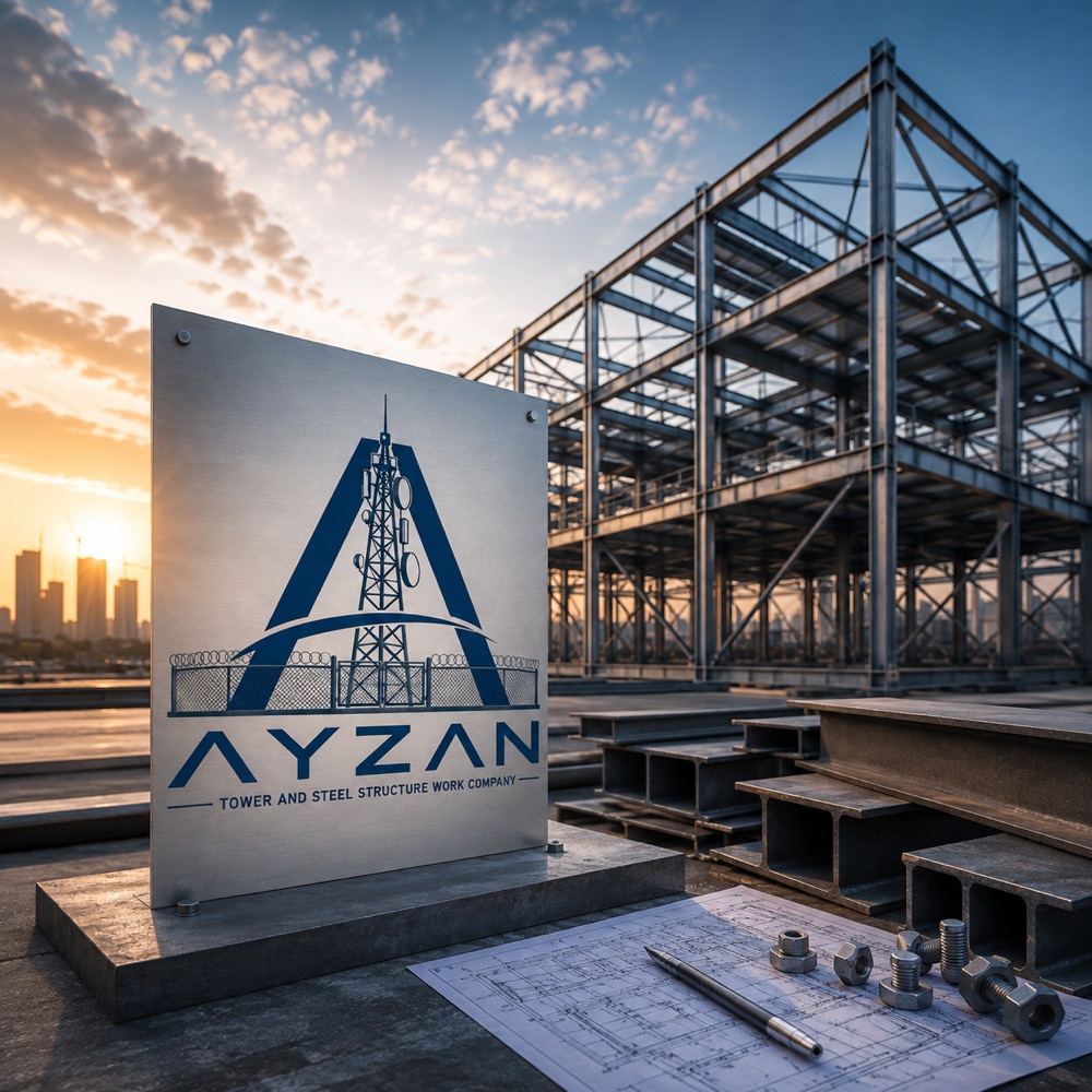 AYZAN branded signage displayed at a structural steel construction site