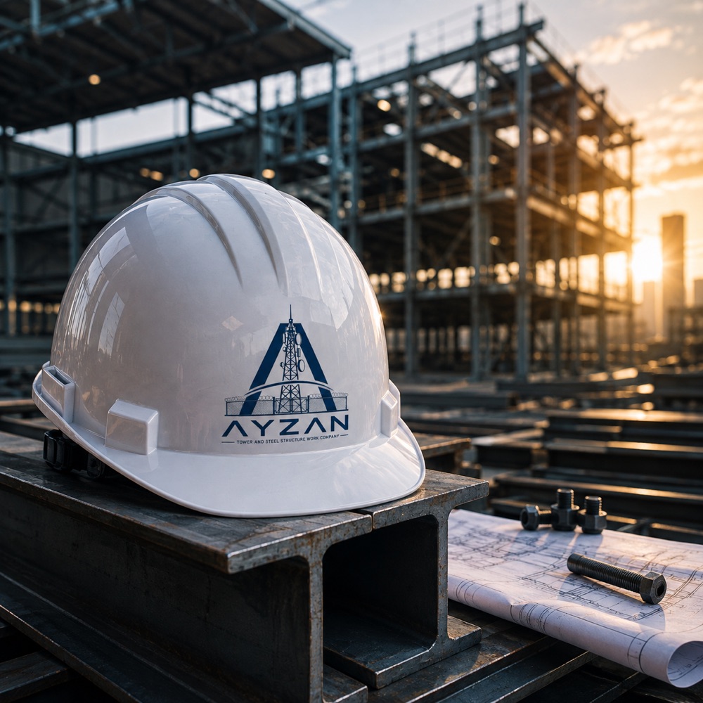 AYZAN branded hard hat resting on a steel beam at a structural steel construction site