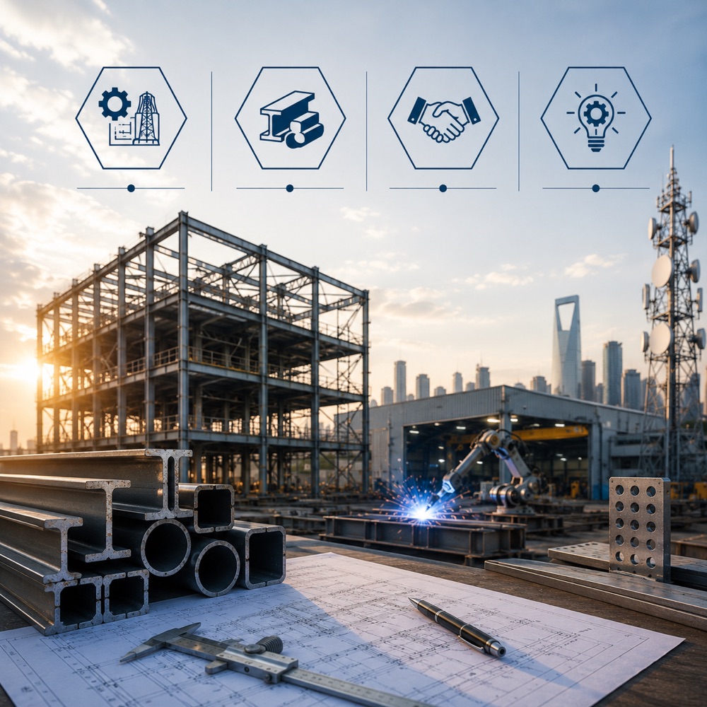 AYZAN steel structure construction site with welding, fabrication and engineering capability icons