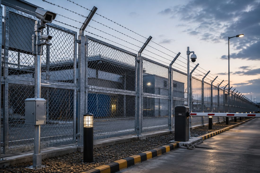 Perimeter security fencing with CCTV camera and access barrier
