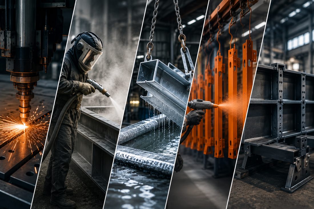 Steel fabrication process — plasma cutting, sand blasting, galvanizing and powder coating