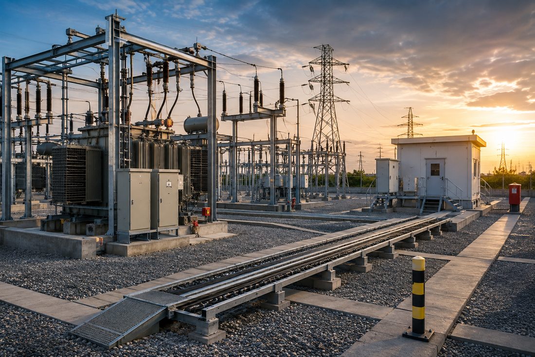 Electrical substation with transformers and transmission tower