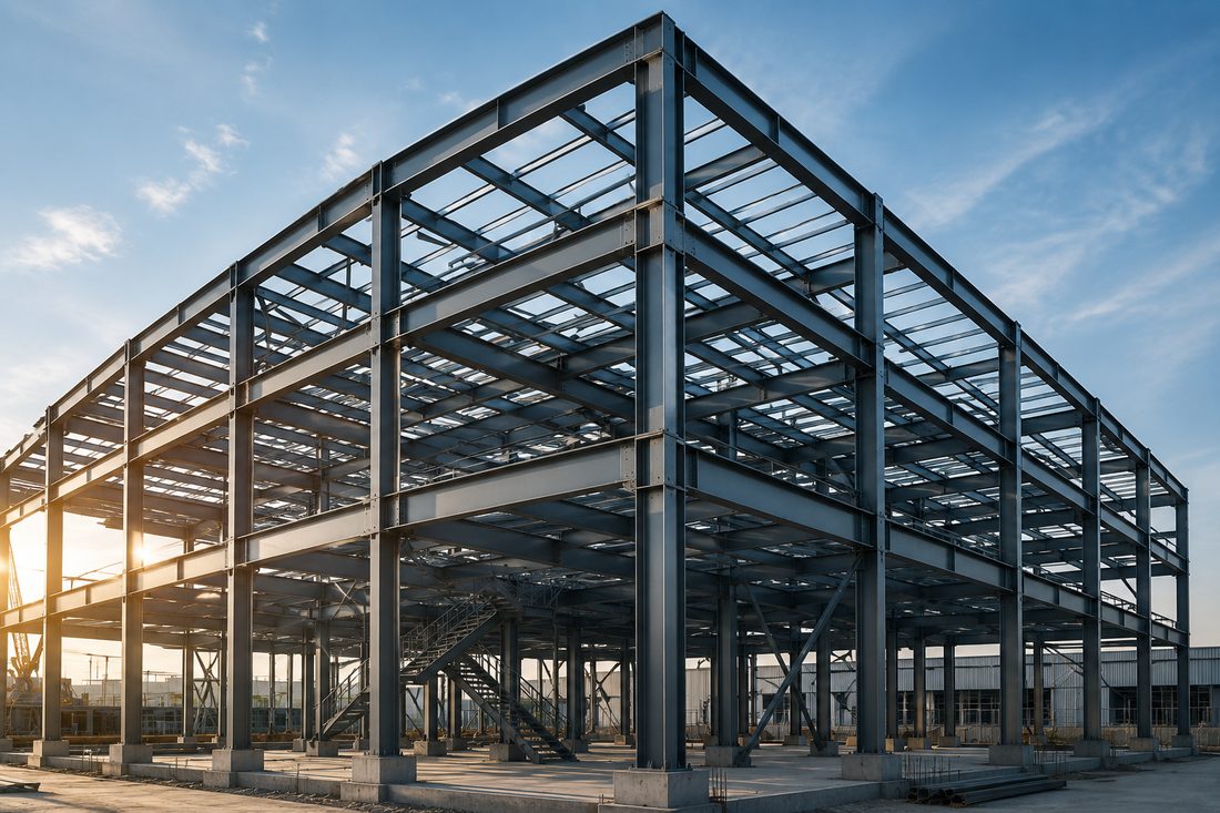 Steel structural building frame under construction