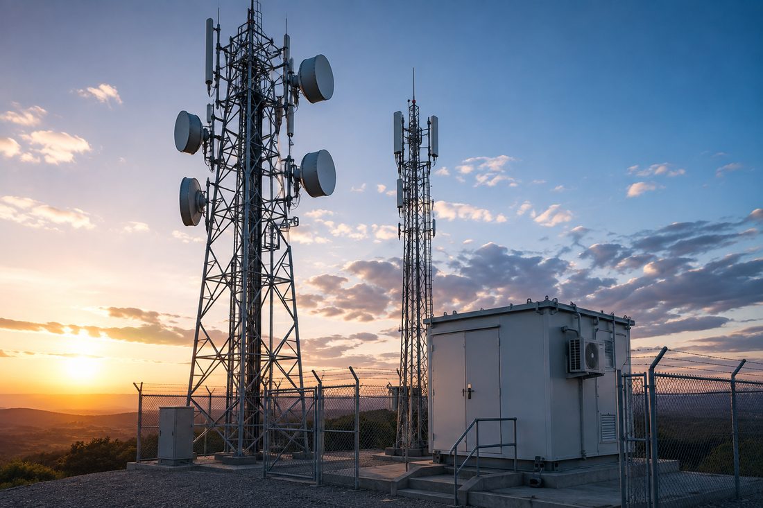 Telecom communication towers and equipment shelter at sunset